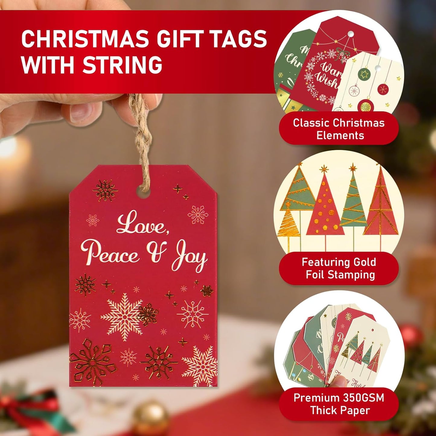 Christmas Gift Tags with String, 96 Pcs Christmas Hanging Tags Label Gold Foil Xmas Present Tag for DIY Xmas Holiday Present Wrapping Decorations, 6 Styles