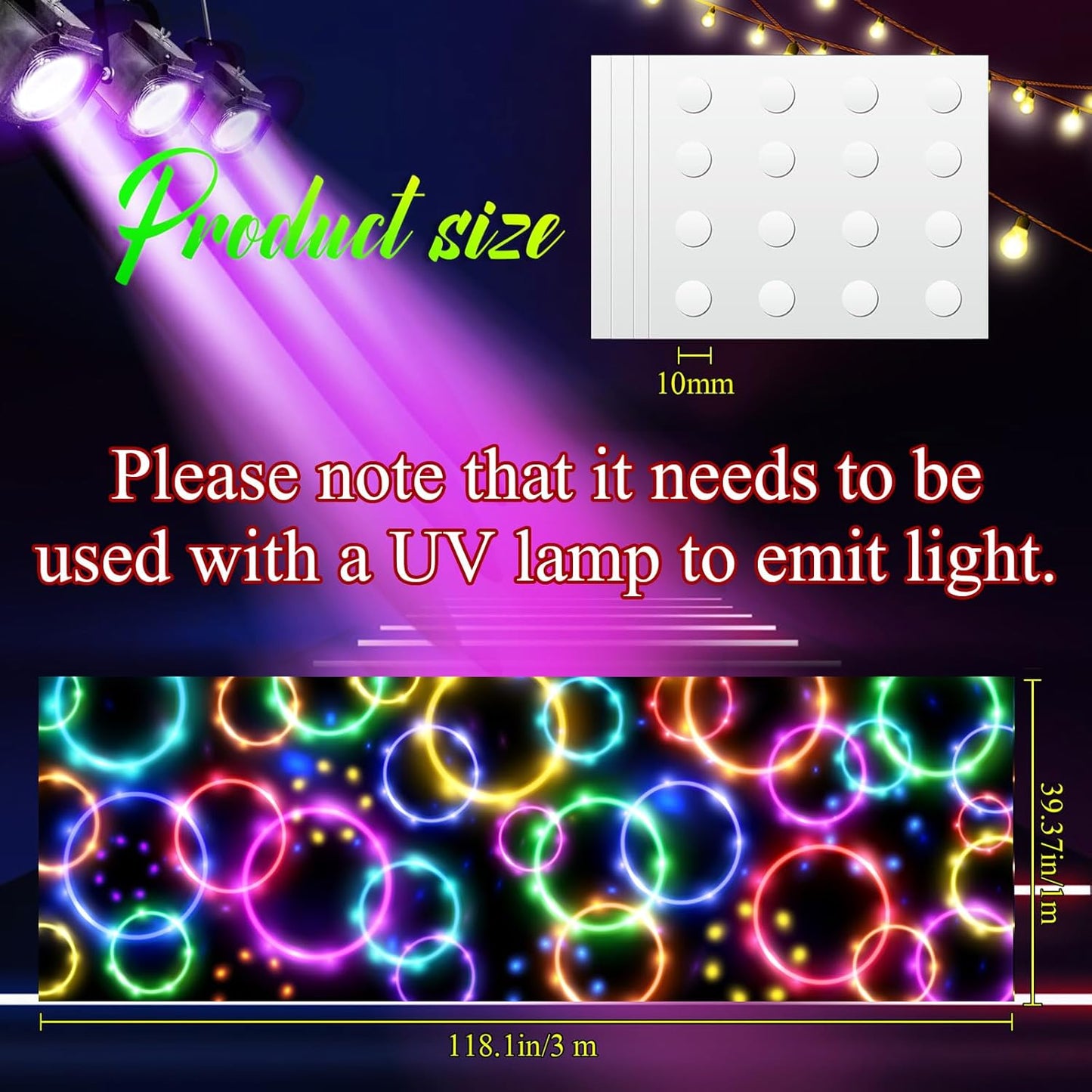 Haull 118 x 39 Inch Neon Light up Dance Floor Glow in The Dark Runner UV Reactive Blacklight Floor Aisle Runner Decor Wall Props for 80s 90s Neon Birthday Party Decorations(Dream Bubble)