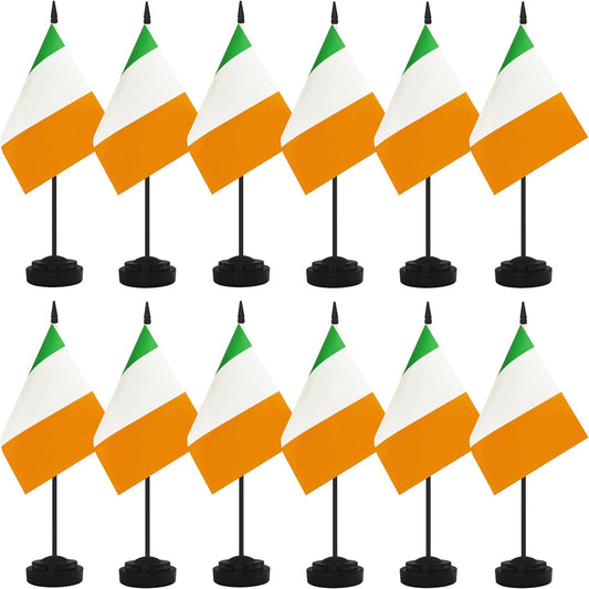 12 Pack Ireland Desk Flags, Irish Desktop Flag, Small Miniature Office Flags with 12" Black Pole and Black Base, Offices, Classroom, Home, Festival Decoration (Ireland)