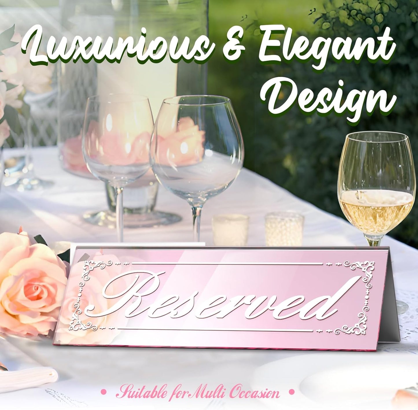12 Pcs Mirrored Rose Gold Reserved Table Signs, 6" x 2" Double-Sided Letters, Acrylic Reserved Table Tent Signs with Suede Cloth for Wedding Restaurant Ceremony Banquet Parties