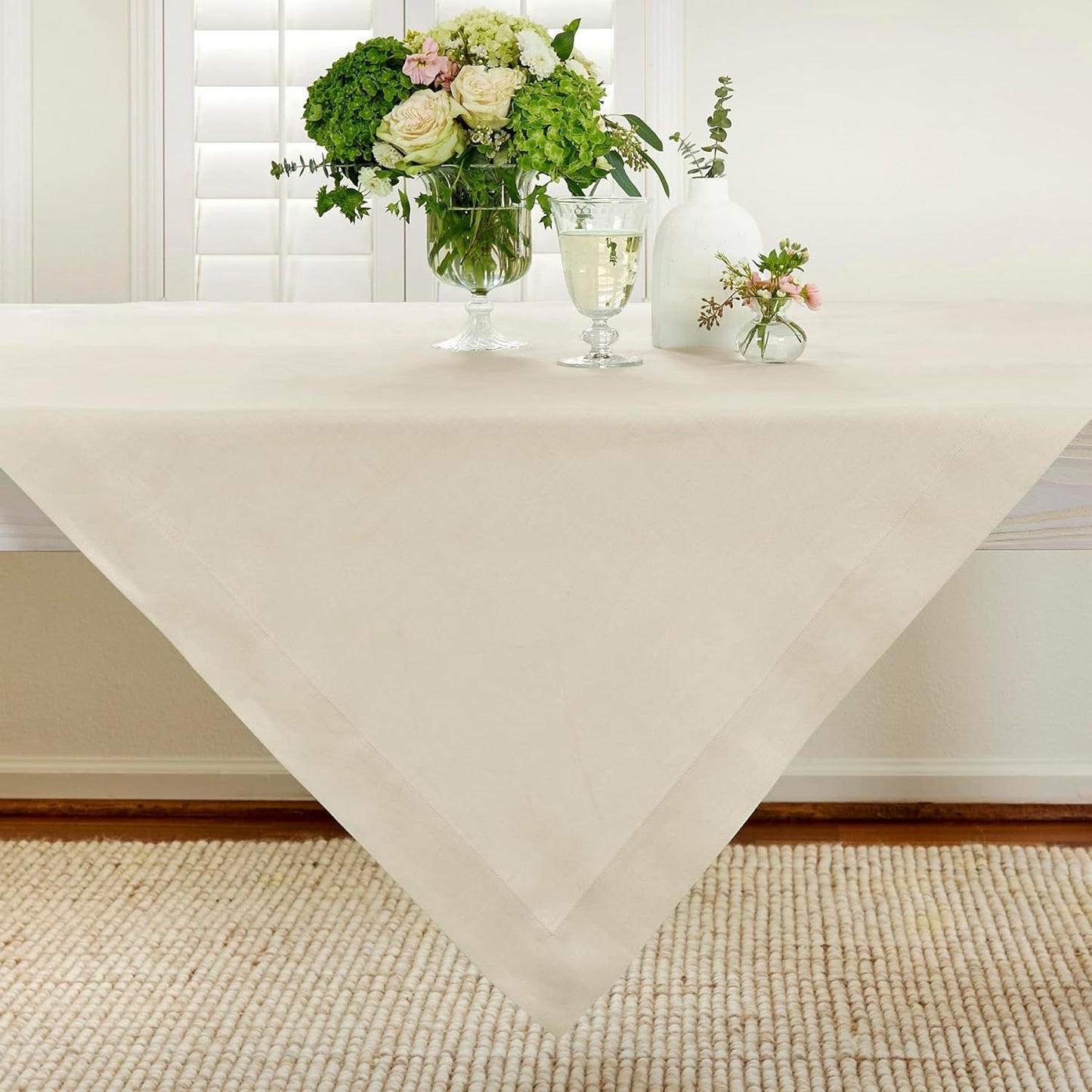 Solino Home Linen Tablecloth 52 x 52 Inch - 100% Pure Linen Birch Square Tablecloth - Fete, Machine Washable Table Throw for Fall, Autumn, Thanksgiving