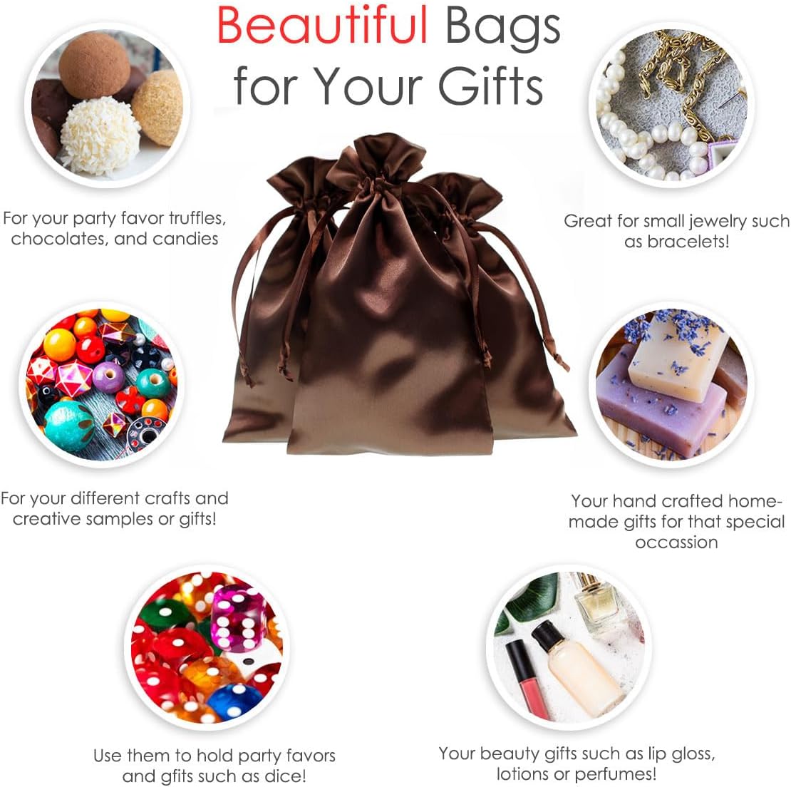 Knitial 5" x 8" Chocolate Brown Satin Gift Bags, Jewelry, Wedding Favor Drawstring Bags Baby Shower Christmas 50 Count