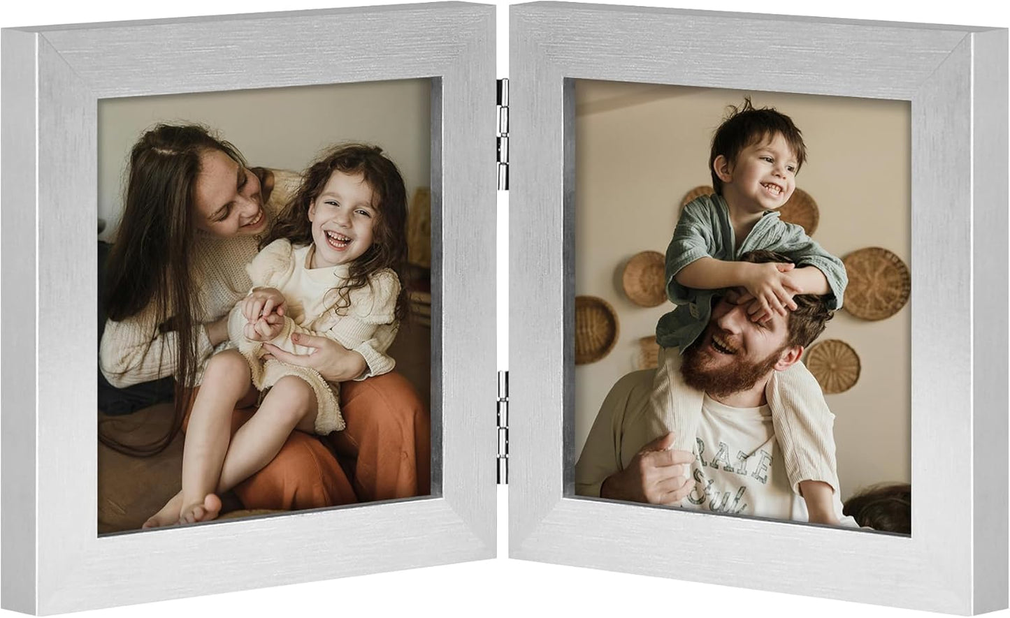 decorUhome Double 4x4 Picture Frame Vertical, Engineered Wood Bifold Photo Frame with Plexiglass for Tabletop Display, 4x4, Silver