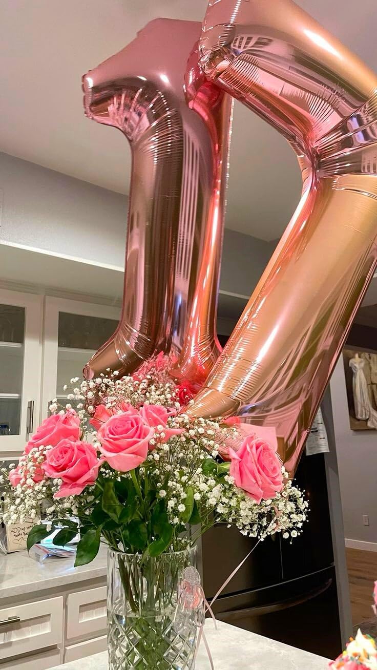 Digital Number 7 Rose Gold Birthday Balloon 40 Inch, Foil Balloons for 7 17 27 70 77 Party Decorations Supplies, Rose Gold Mylar Numbers Balloon for Seven Wedding Anniversary
