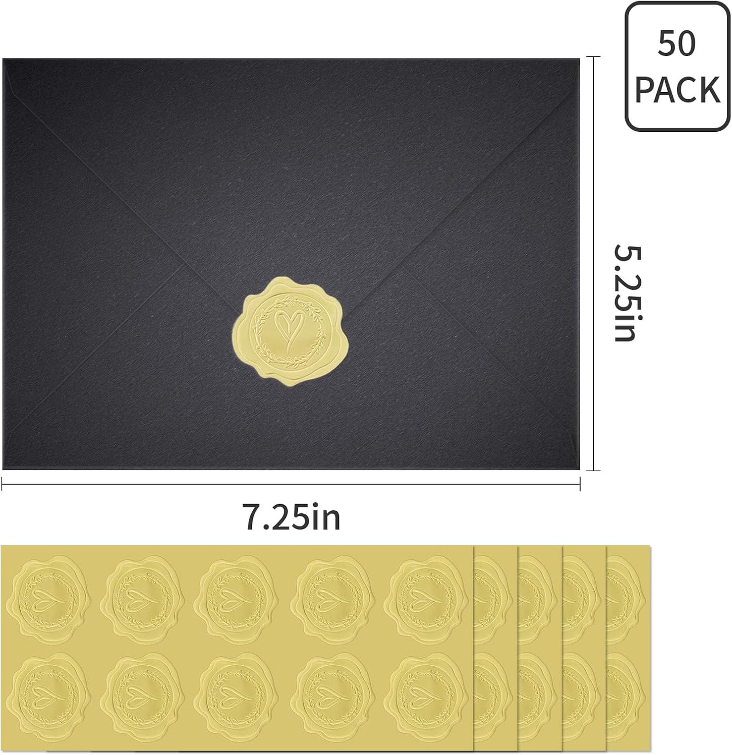 50 PCS Pearl Black A7 Envelopes with Stickers, Shimmering 5x7 Envelopes for Invitations, Great for Wedding Invitation Cards, Birthday RSVP, Graduation, Baby Shower 5.25 x 7.25 inches