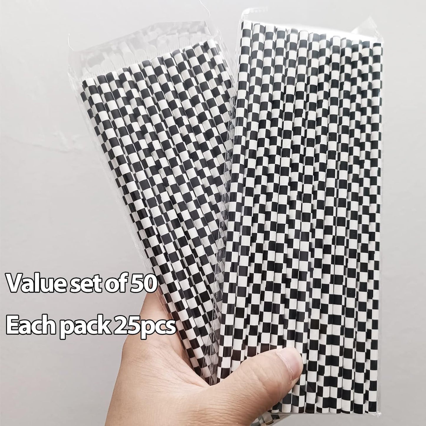 50 Pcs Checkered Flag Paper Straws Racing Car Straws Black and White Checkered Drinking Straws for Racing Birthday Party Decorations, Standard, Black/White