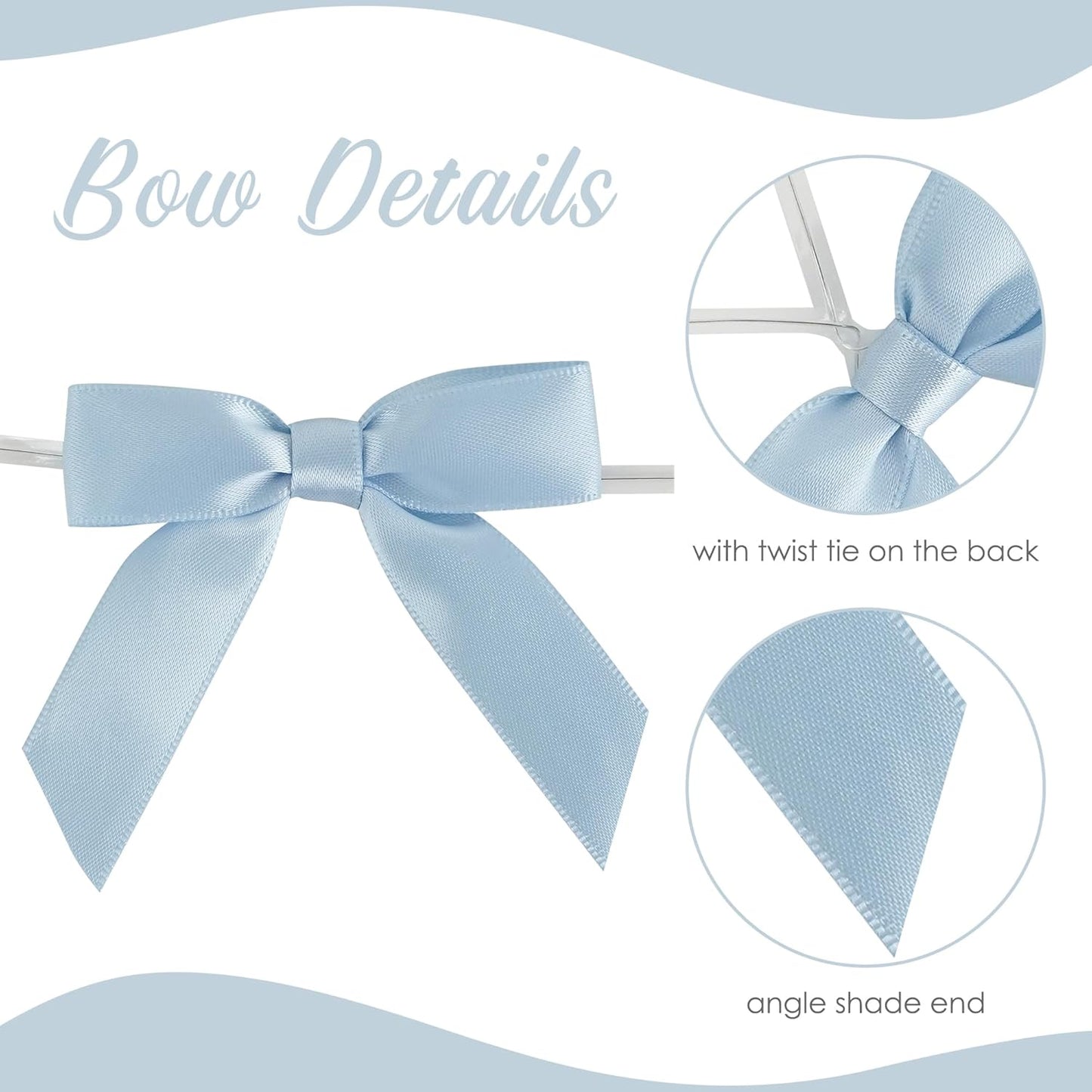 AIMUDI 5 Colors Dusty Blue Ribbon Bows 2.5" Satin Twist Tie Bows for Gift Wrapping Premade Satin Bows for Making Crafts Treat Bag Baby Shower Birthday Party Wedding Decoration, 50 PCs