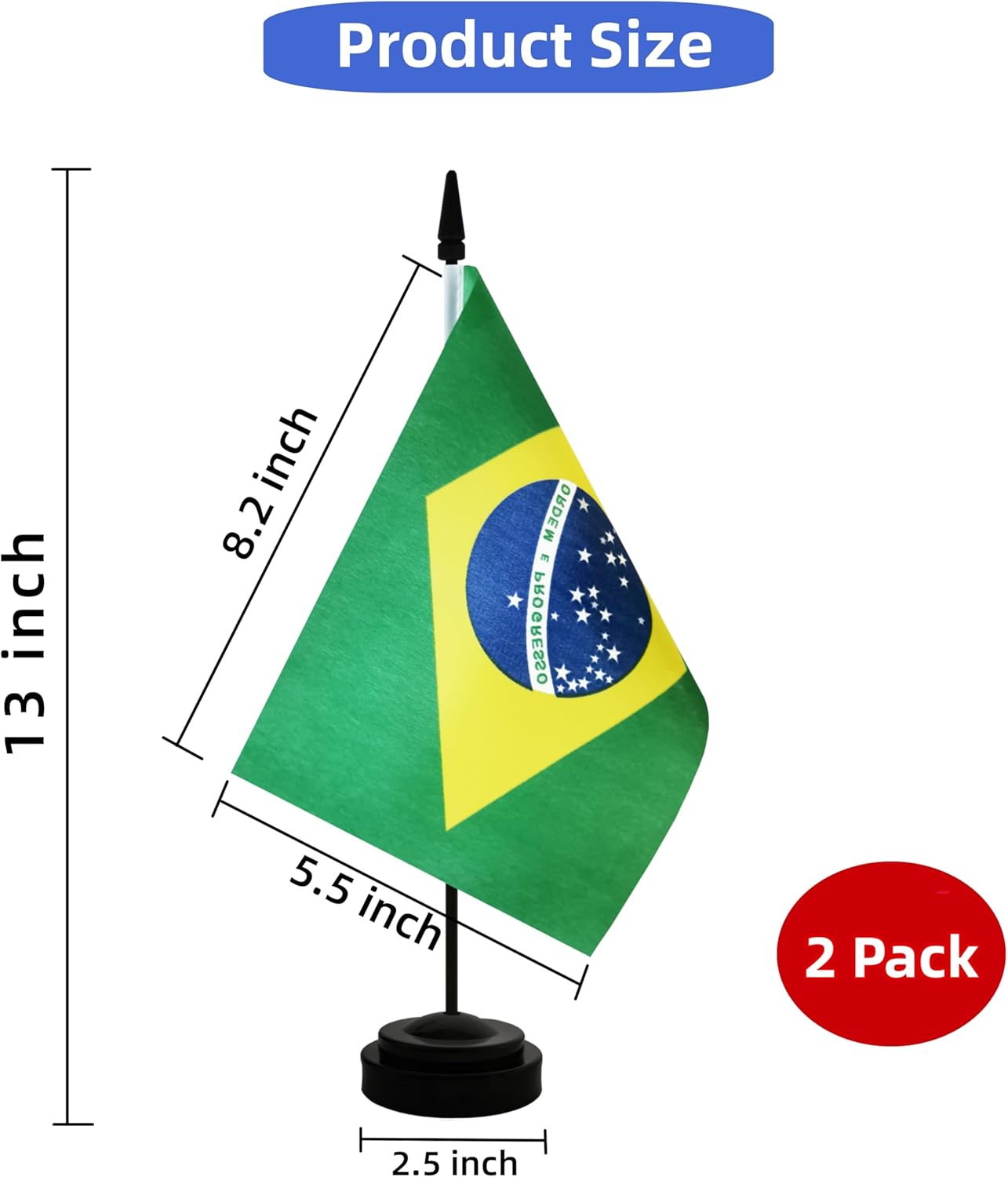 2 Pack Brazil Desk Flag, Brazilian Table Office Flag with Solid Pole and Stand Base, International Country Flag, Festival Celebration, Classroom Meeting Desktop Decoration (Brazil)