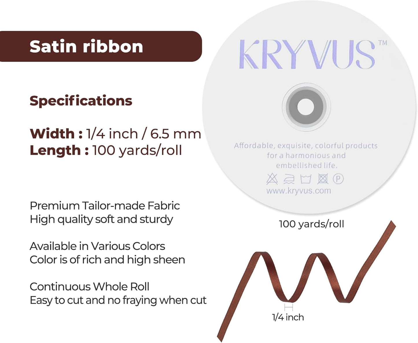 Coffee Brown Satin Ribbon 1/4 inch X Continuous 100 Yards, Single Face Polyester Ribbon Perfect for Gift Wrapping, Flower Bouquet, Wedding Decor, Crafts, Bow Making, Sewing and More