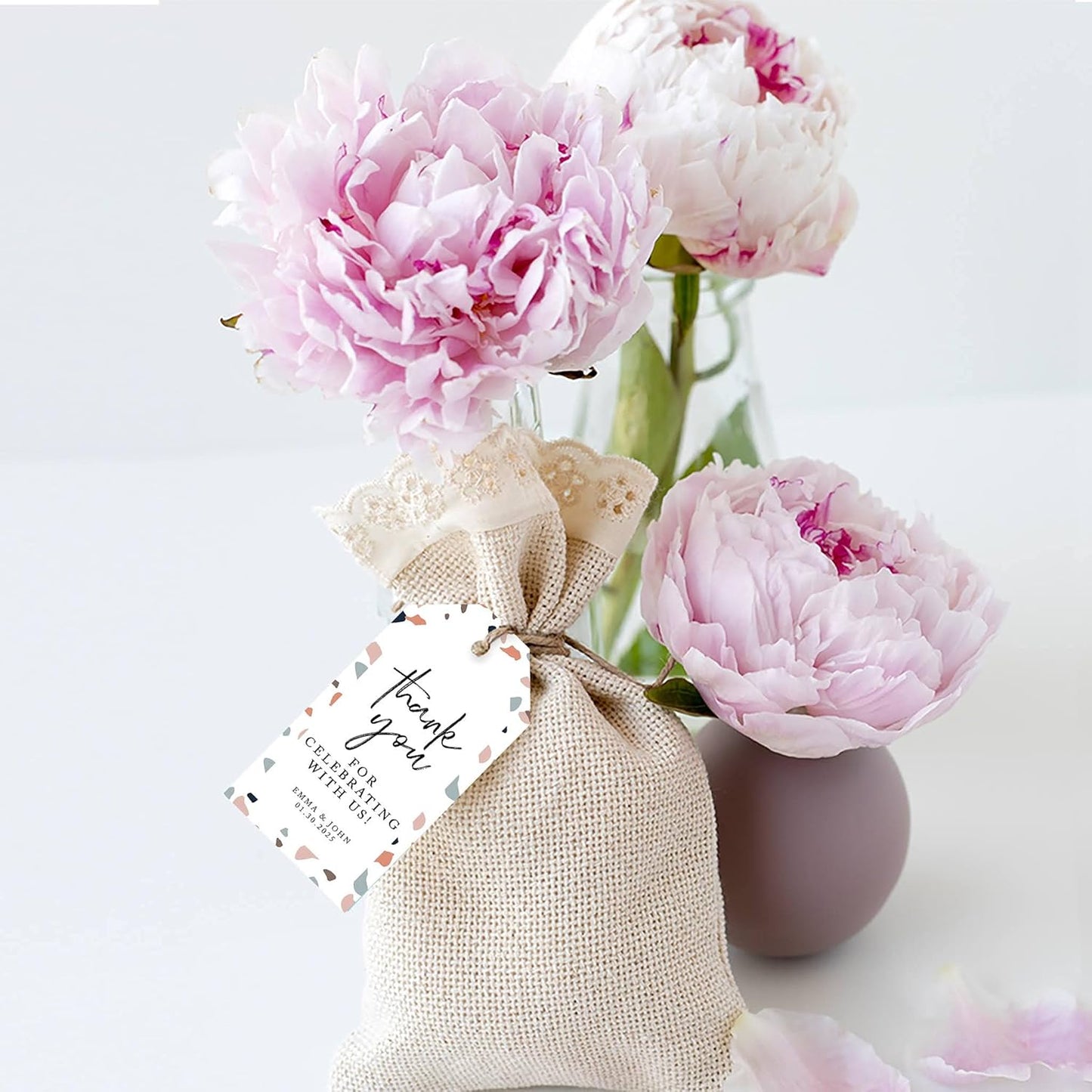 Andaz Press 100-Pack Personalized Thank You Tags with Bakers Twine Terrazzo Custom Cardstock Gift Tags for Wedding Party Favors 2 x 3.75-Inches