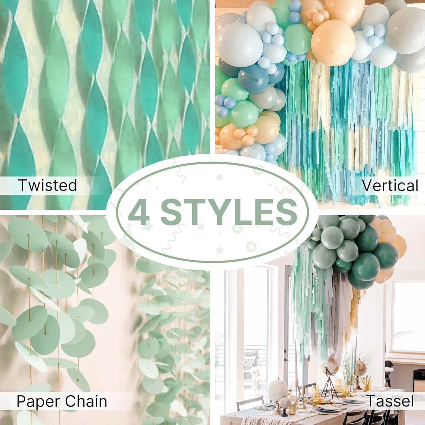 PartyWoo Sage Green Crepe Paper Streamers 4pcs 328ft Pack of Oliver Eucalyptus Green Sand White Crepe Paper Streamers for Birthday Baby Shower Woodland Dinosaur Jungle Football Party Decorations