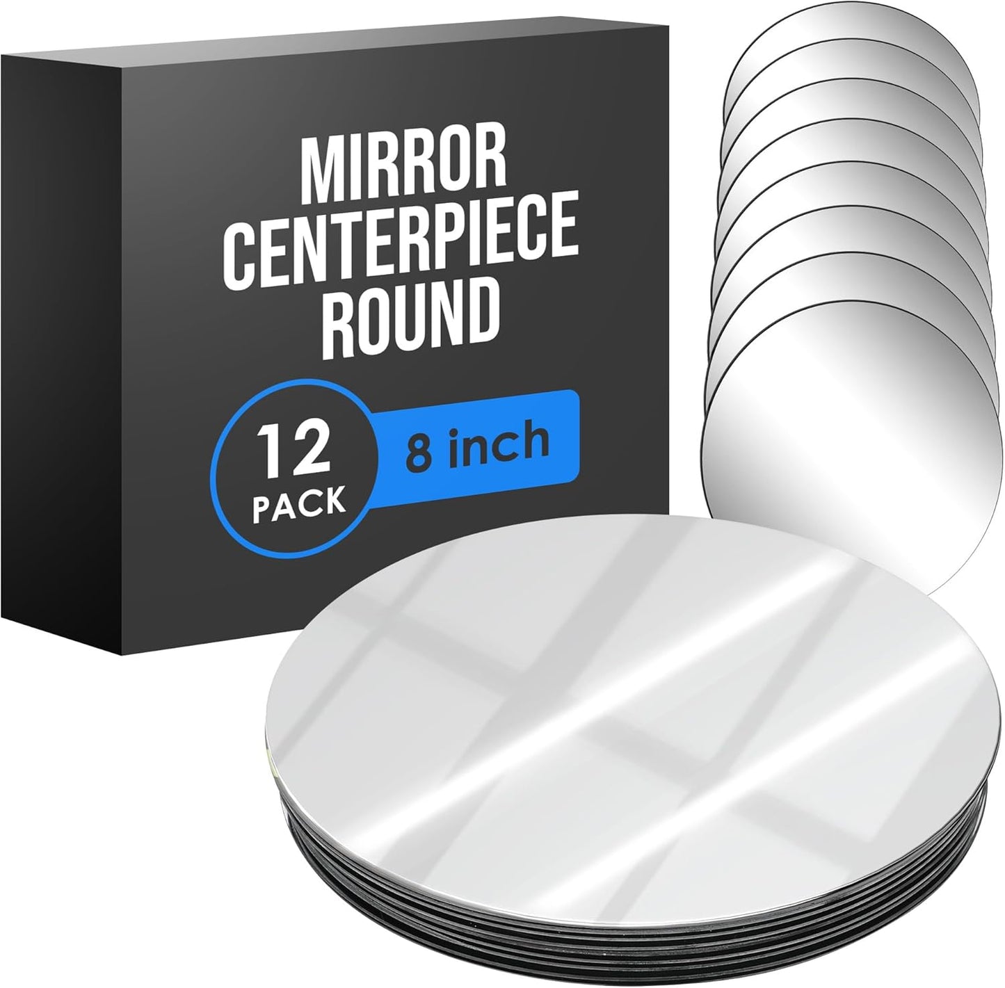 Houseables Mirror Centerpieces for Tables, Round Mirrors for Centerpieces, Mirrored Trays, Round Table Plate Tray, Circle, Glass Charger, Wedding, Center Piece, Small, Base, Candle, 8 Inch, 12 Pack