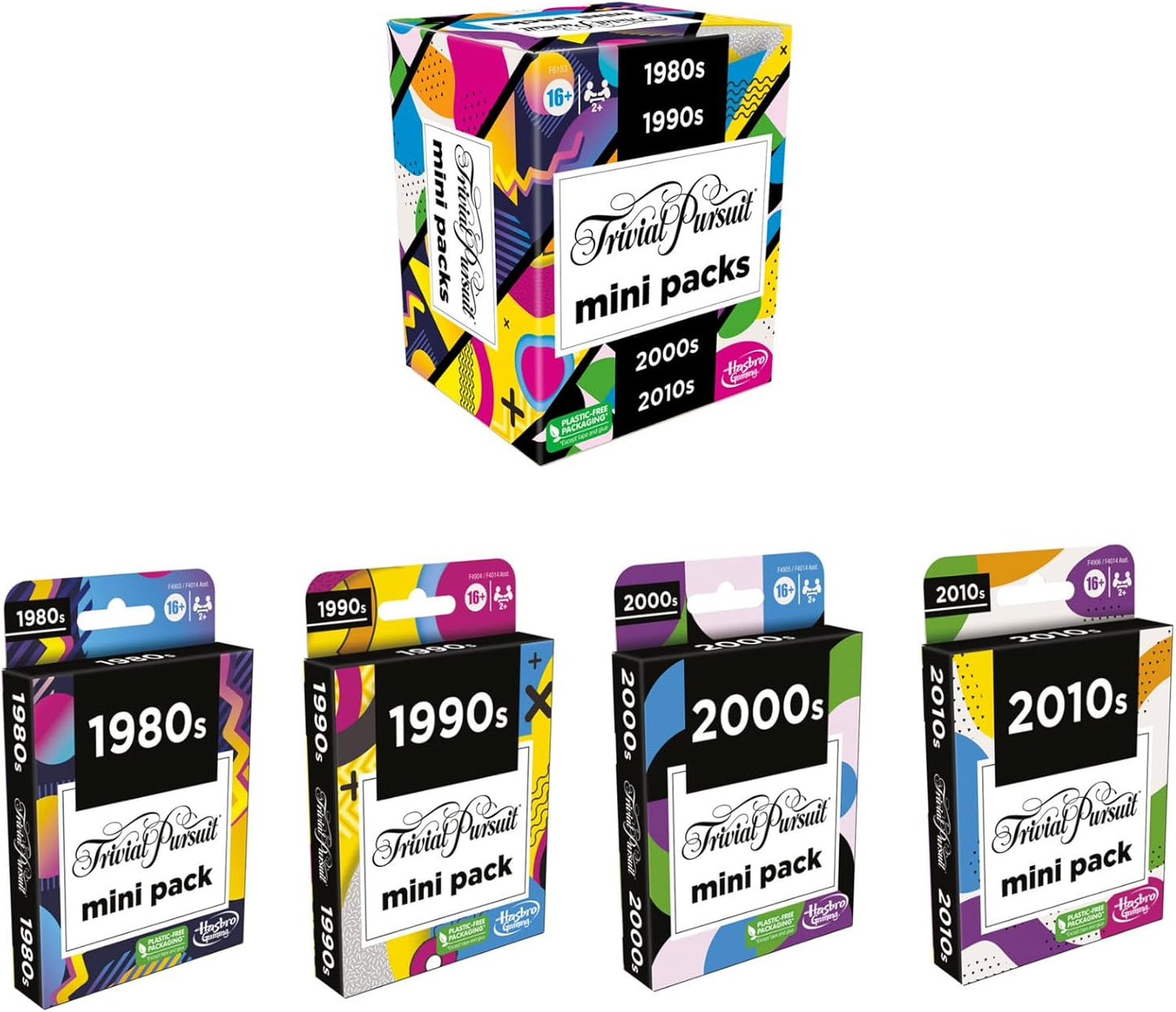 GAMES (EXCL. MONOPOLY) Trivial Pursuit Mini Packs Multipack, Fun Trivia Questions for Adults and Teens Ages 16+, Includes 4 Game Featuring 4 Decades