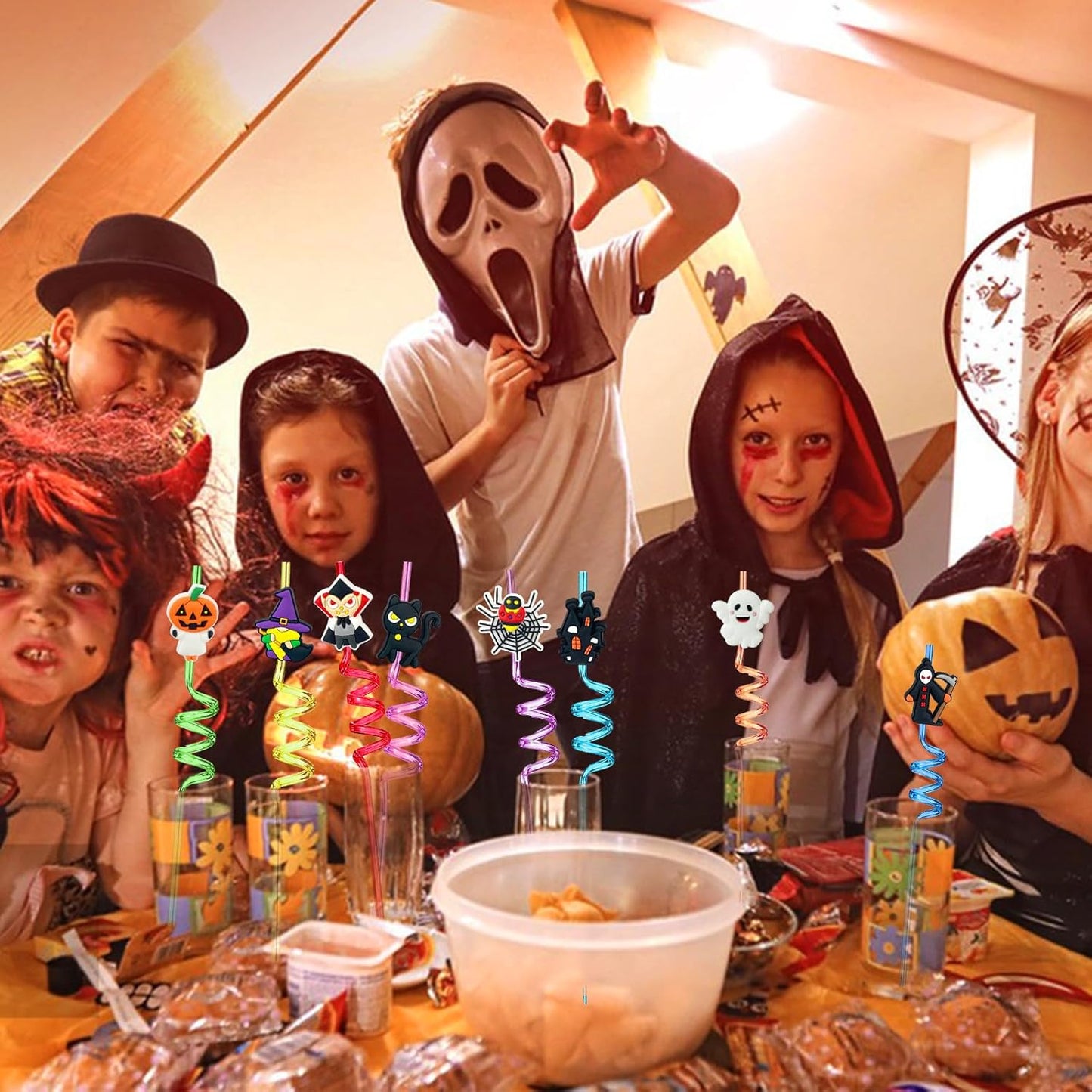 24 PCS Reusable Straws for Halloween Theme Party Birthday Decorations with 2 PCS Cleaning Brushes (Halloween Pumpkin)