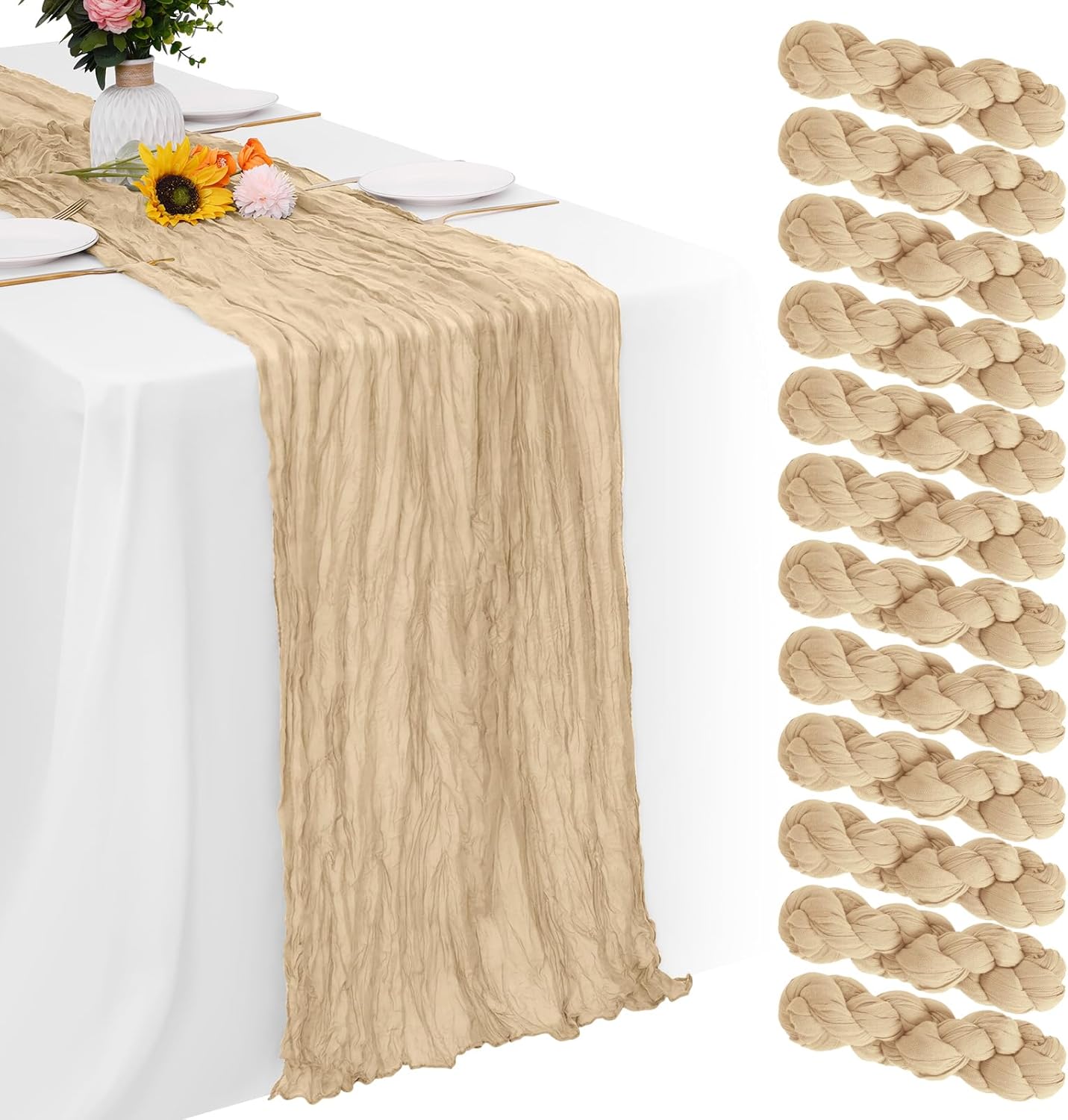 Aktor 12 Pack Beige Table Runner Boho Cheesecloth Table Runner Semi Sheer Gauze Fabric Runners for Wedding Birthday Baby Shower Party Boho Table Decoration（Beige）