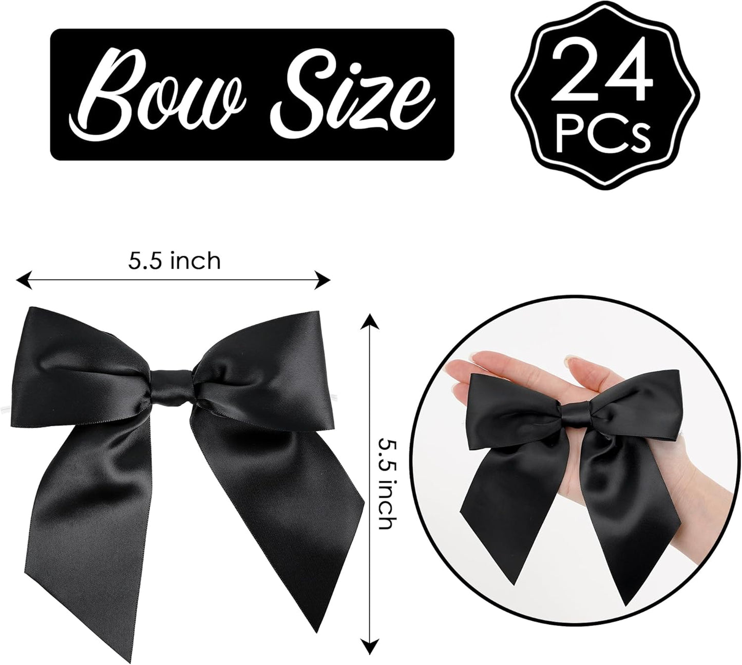 AIMUDI Black Satin Bows 5.5" Bows for Gift Wrapping Satin Twist Tie Bow Premade Ribbon Bow for Treat Bags Invitations Baskets Wreaths Crafts Wedding Birthday Party Baby Shower Decorations, 24 PCs