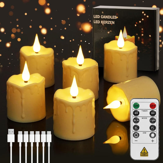 Rechargeable Tea Lights Candles with Remote, 6pcs Tea Lights Candles Battery Operated with Timer & USB Cable, Flameless Tealight Candle for Halloween, Home, Christmas Decoration