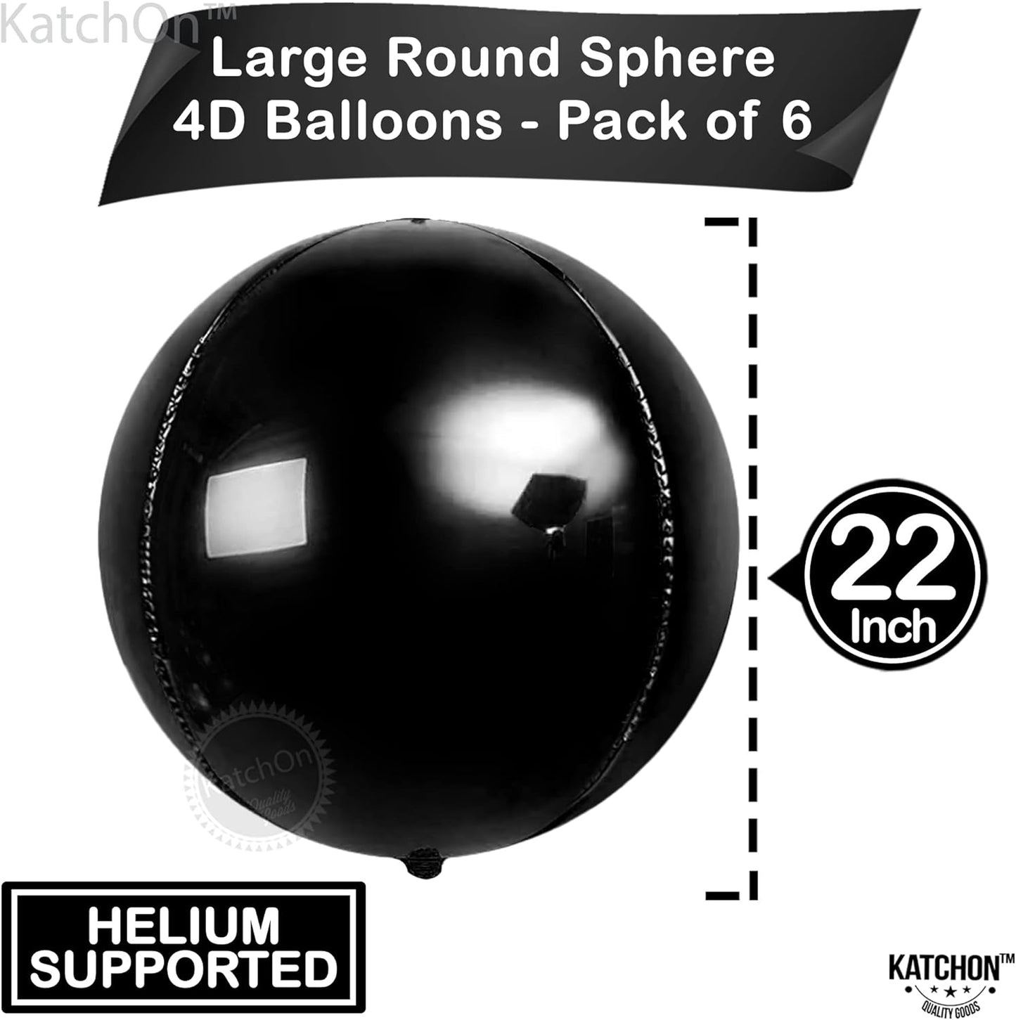 KatchOn, Large Black Mylar Balloons - 22 Inch, Pack of 6 | Round 4D Mylar Balloon | Black Balloons for Birthday, Bachelorette Decorations, Halloween Foil balloons For Halloween Decorations