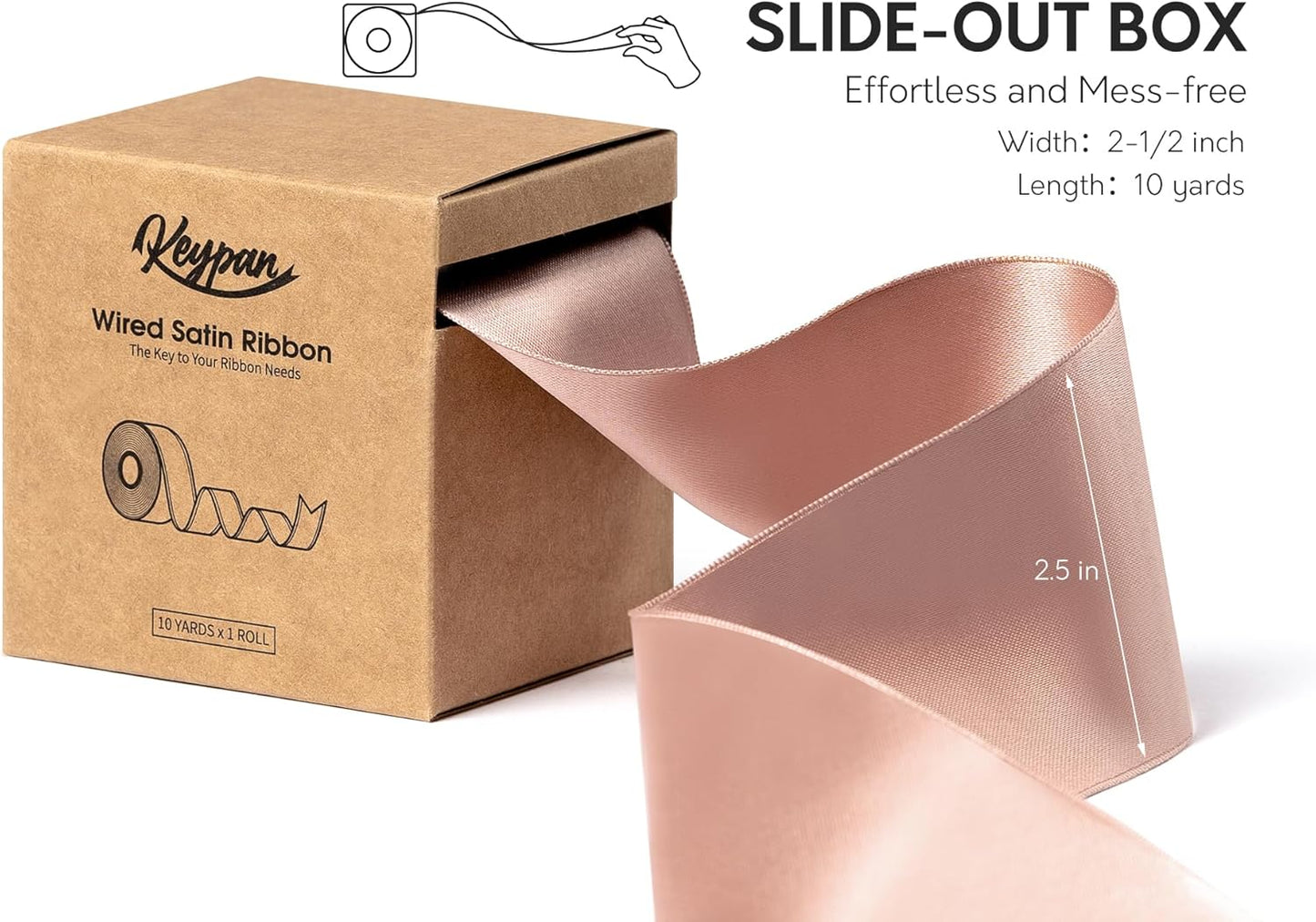 Rose Gold Satin Ribbon Double-Faced Wired Ribbons for Gift Wrapping Flower Bouquet Bows Wedding Invitation Christmas Decor Crafts 2-1/2 Inch 10 Yards