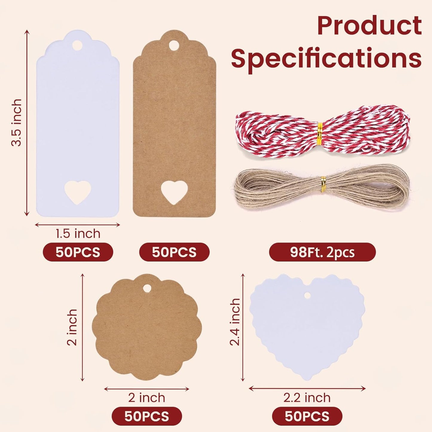 SallyFashion 200Pack Gift Tags with String Attached, 3 Different Designs White and Brown Blank Labels Gift Tags with Strings Hanging for Wedding Party Favor