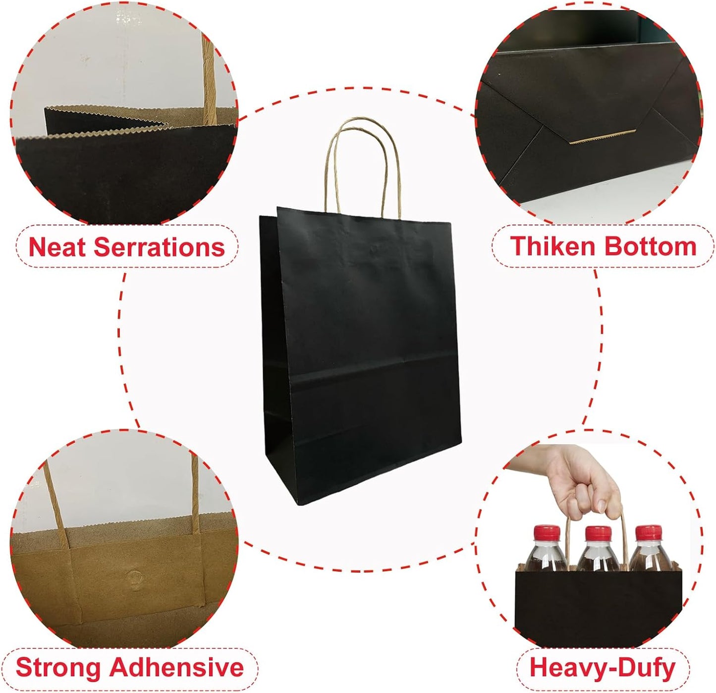 BAG BOX 100 Pack Medium 8.25x4.3x10.6 Inch Black Kraft Paper Gift Bags with Handles for Bulk Shopping, Retail, Craft, Party Favors, Wedding, Grocery & Sacks