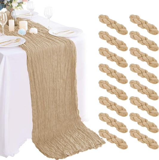 16PCS Beige Cheesecloth Table Runner - 35x120Inch Boho Gauze Cheese Cloth Table Runner Long Rustic Sheer Table Runners for Wedding Party Baby Bridal Shower Table Decor
