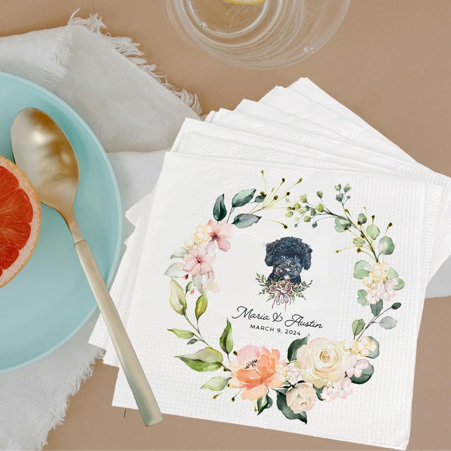 Luxury Personalized Dog Wedding Napkins, Personalized Cocktail Napkins For Bar, Customized Bridal Shower, Engagement Party