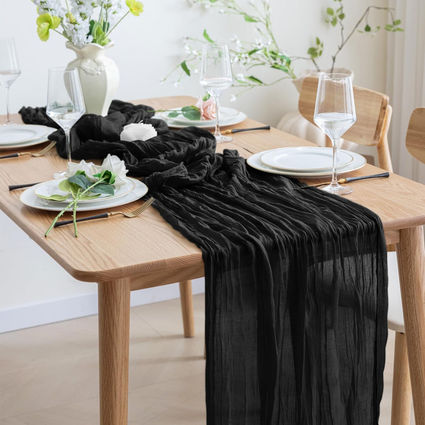 Asee'm 3pcs Cheesecloth Table Runner 120 Inches Long Black Boho Gauze Cheese Cloth Runner 10FT Rustic Sheer Table Runners for Christmas Wedding Party Baby Shower Spring Easter Decoration