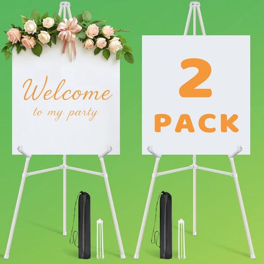 2 Pack White Easel Stand for Sign - 63" Adjustable Folding Floor Easels for Wedding Sign, Welcome Sign, Poster, Picture, Painting - Lightweight Portable Display Easels with Bags, Holds 5 lbs
