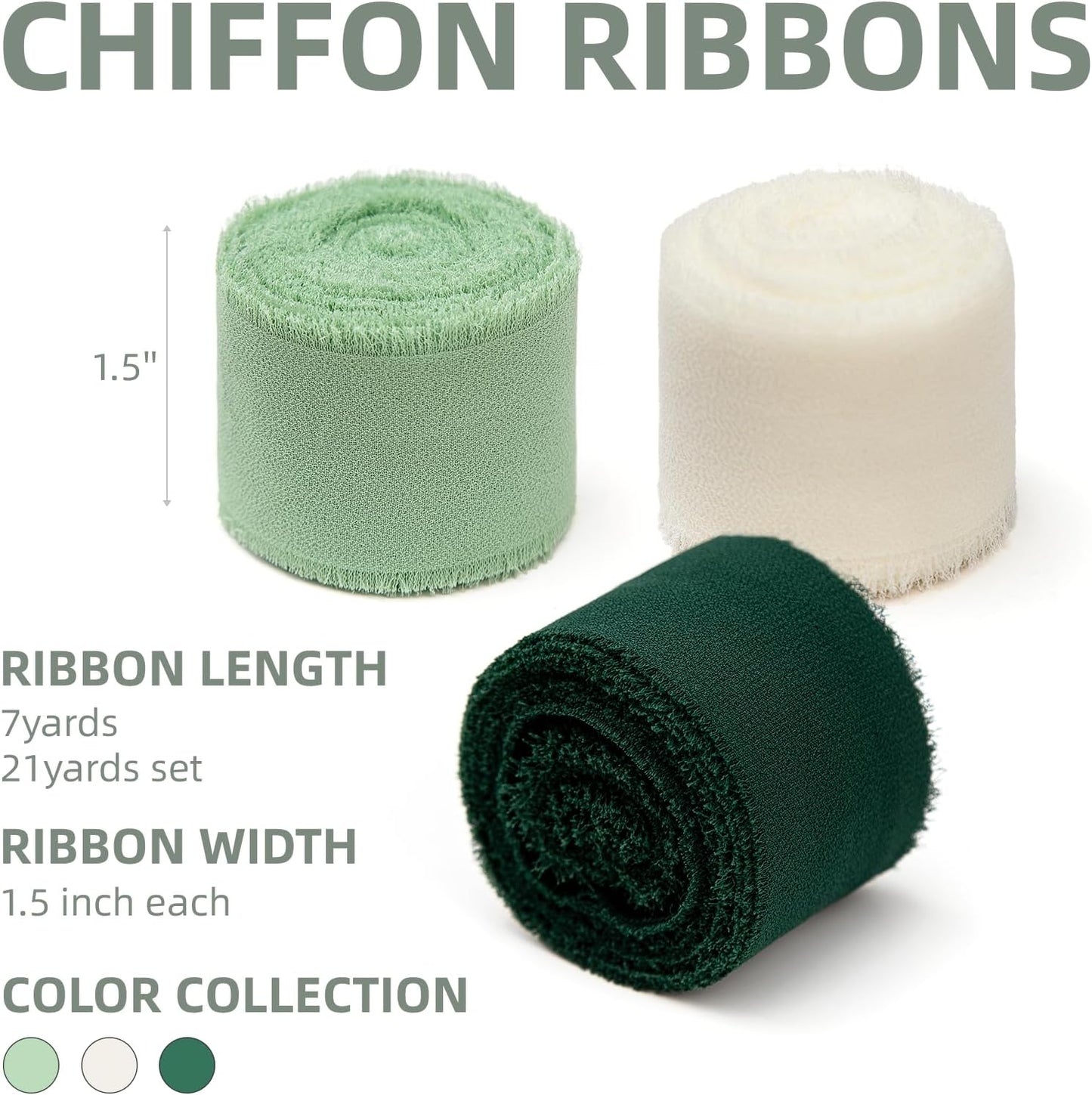 3 Rolls Cream White & Sage Green Handmade Chiffon Ribbon,1.5" x 21Yd Frayed Fringe Silk Ribbons (3 Rolls *7Yd) for Gifts Wrapping, Wedding Invitations, Bridal Bouquets, Decorations