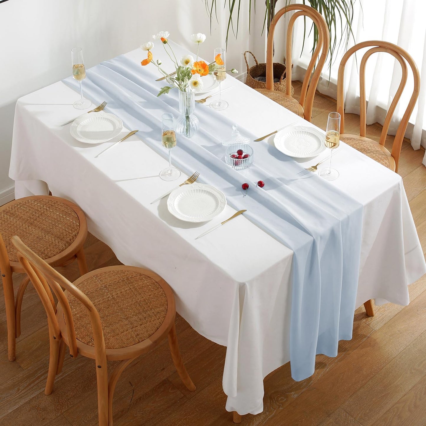 2 Pack 10 Ft Chiffon Table Runner Baby Blue Gauze Long Table Runners 27x120 Inches Sheer Tulle Table Runner for Rustic Wedding Reception Bridal Shower Decorations Birthday Party