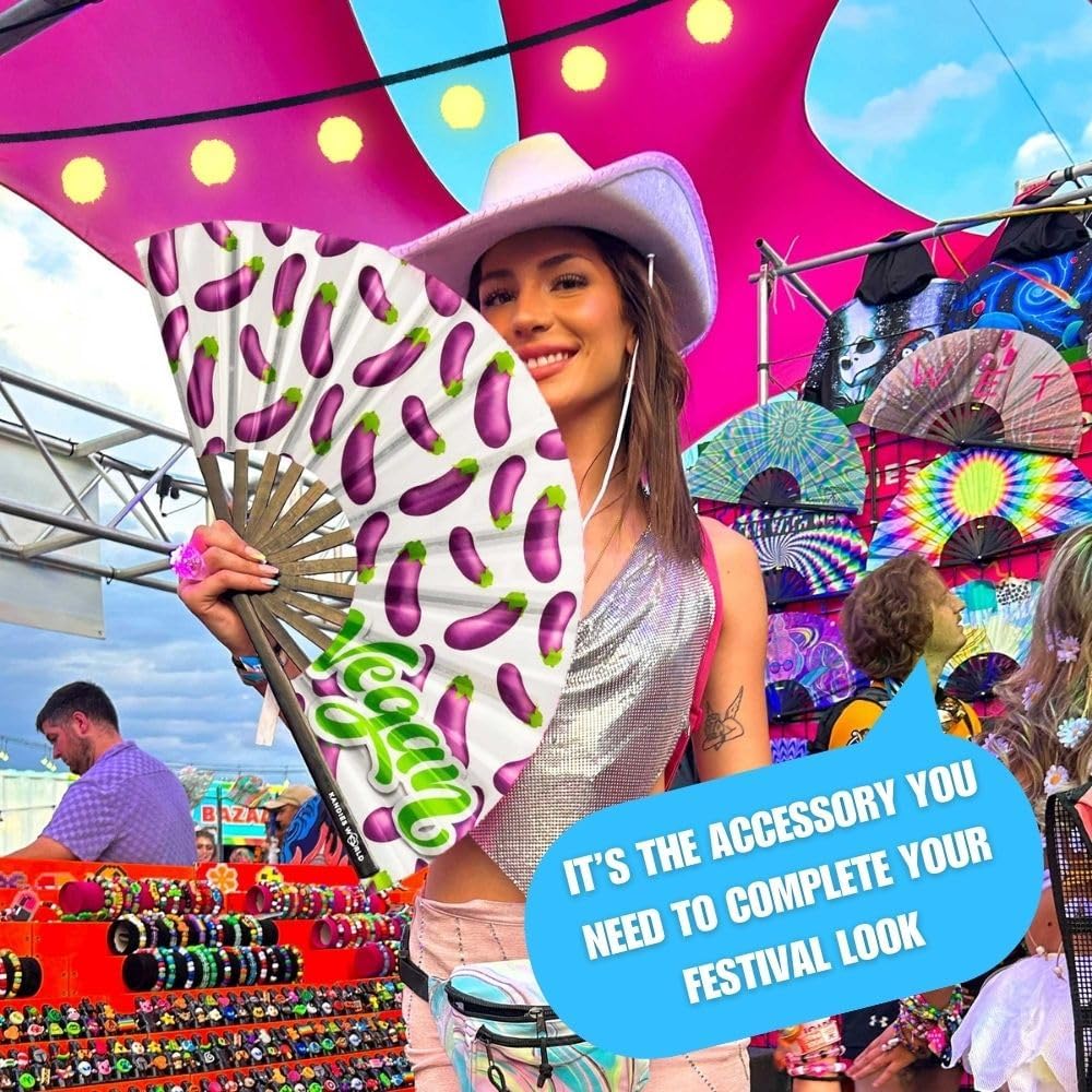 Kandies World UV Reactive Custom Festival Folding Hand Fan - Unique Designs, Made of Bamboo, Clacking Sound, Lightweight - Perfect Rave and Festival Accessory!