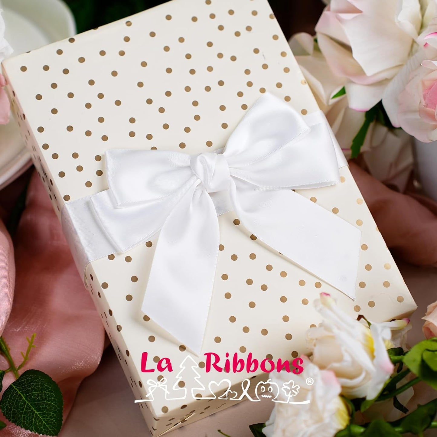 LaRibbons White Ribbon 1 1/2 Inch 25 Yards Double Faced White Silk Ribbon for Flower Bouquet Crafts Gift Wrapping Wedding Party Decoration