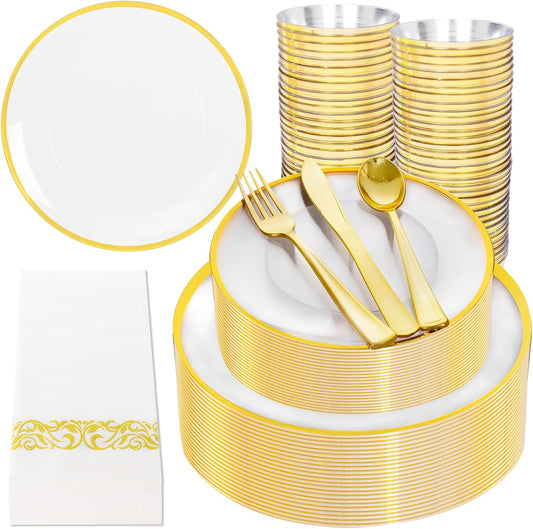 NOCCUR 350PCS Clear and Gold Plastic Plates - Gold Disposable Plastic Dinnerware Set for 50 Guests Include 100 Plastic Plates, 150 Gold Cutlery, 50 Cups&50 Napkins Idea for Wedding/Party/Thanksgiving