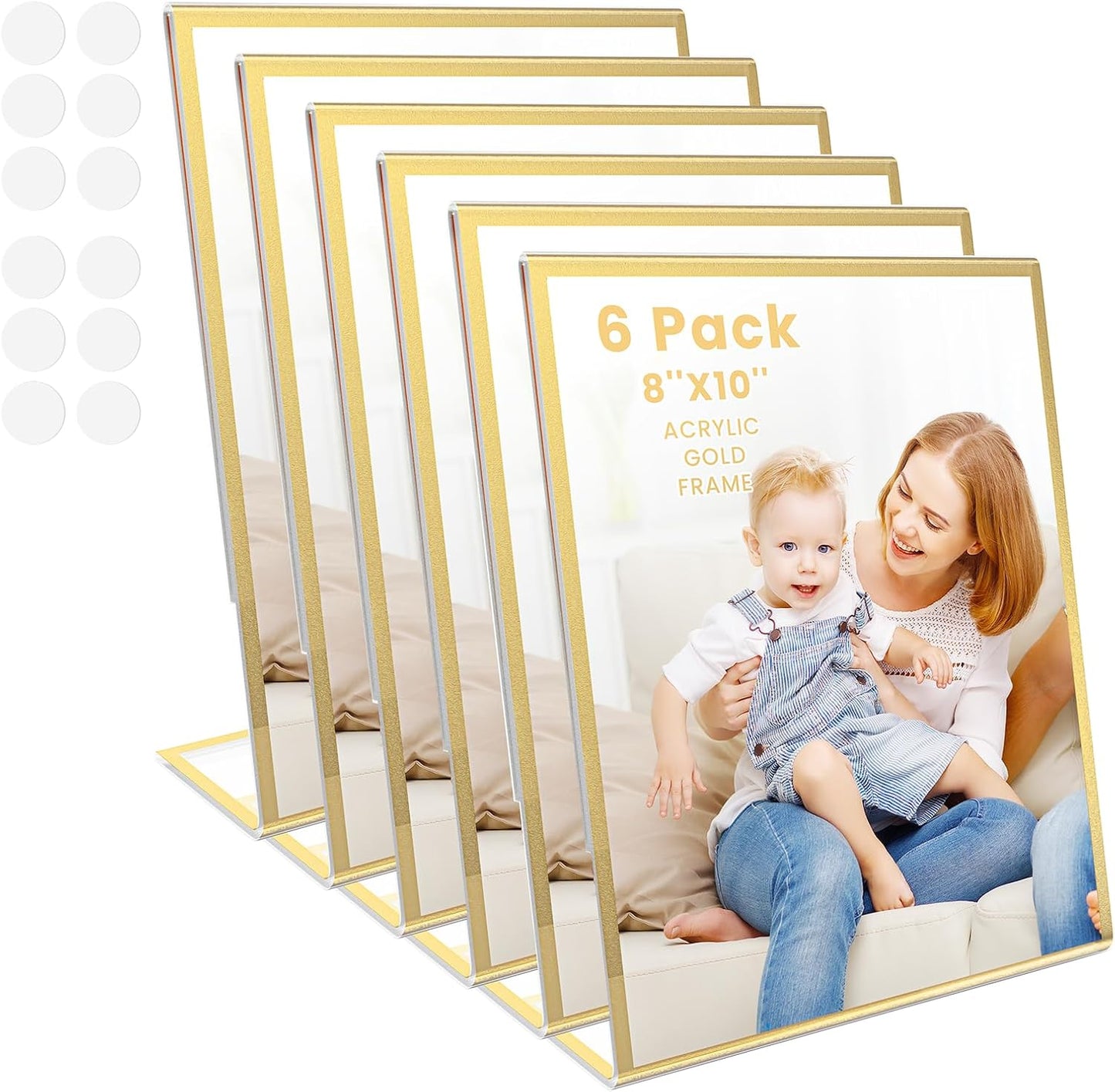 Acrylic Gold Frames 8 x10, Slanted Back Gold Picture Frames Table Acrylic Sign Holder for Photos Wedding Table Numbers and Art Display with Removable Clear Sticky Dots，6 Pack