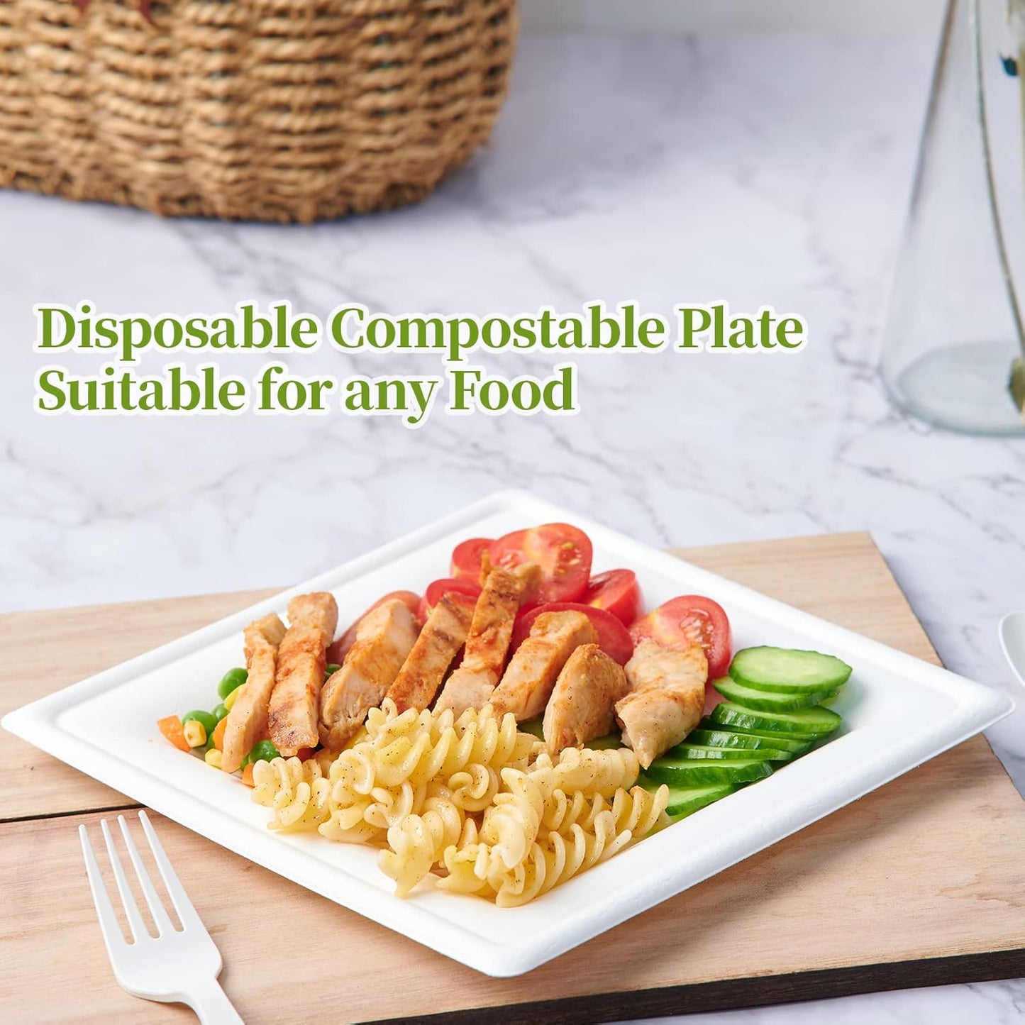 ECOLipak 150 Pieces Compostable Square Paper Plates, 10 inch Heavy Duty Disposable Plates, Eco-friendly Biodegradable Sugarcane Bagasse Plates for Party Dinner Birthday