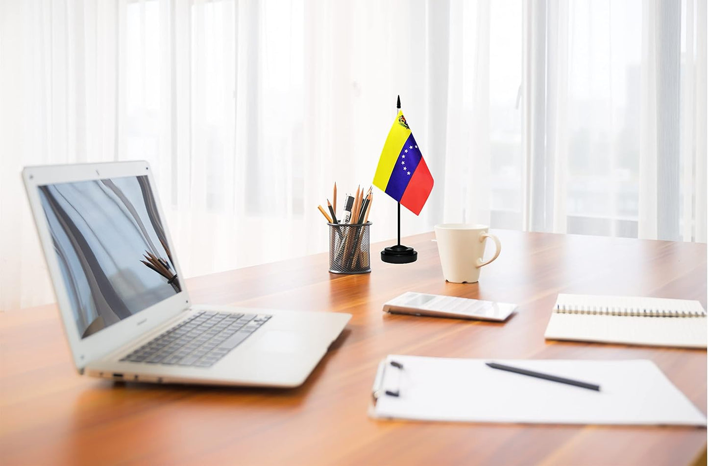 Venezuela Venezuelans Deluxe Desk Flag Set, Small Mini Miniature Venezuela Venezuelans Table Desktop Flags With Solid Pole, Black Base and Spear Top(2 Pack)