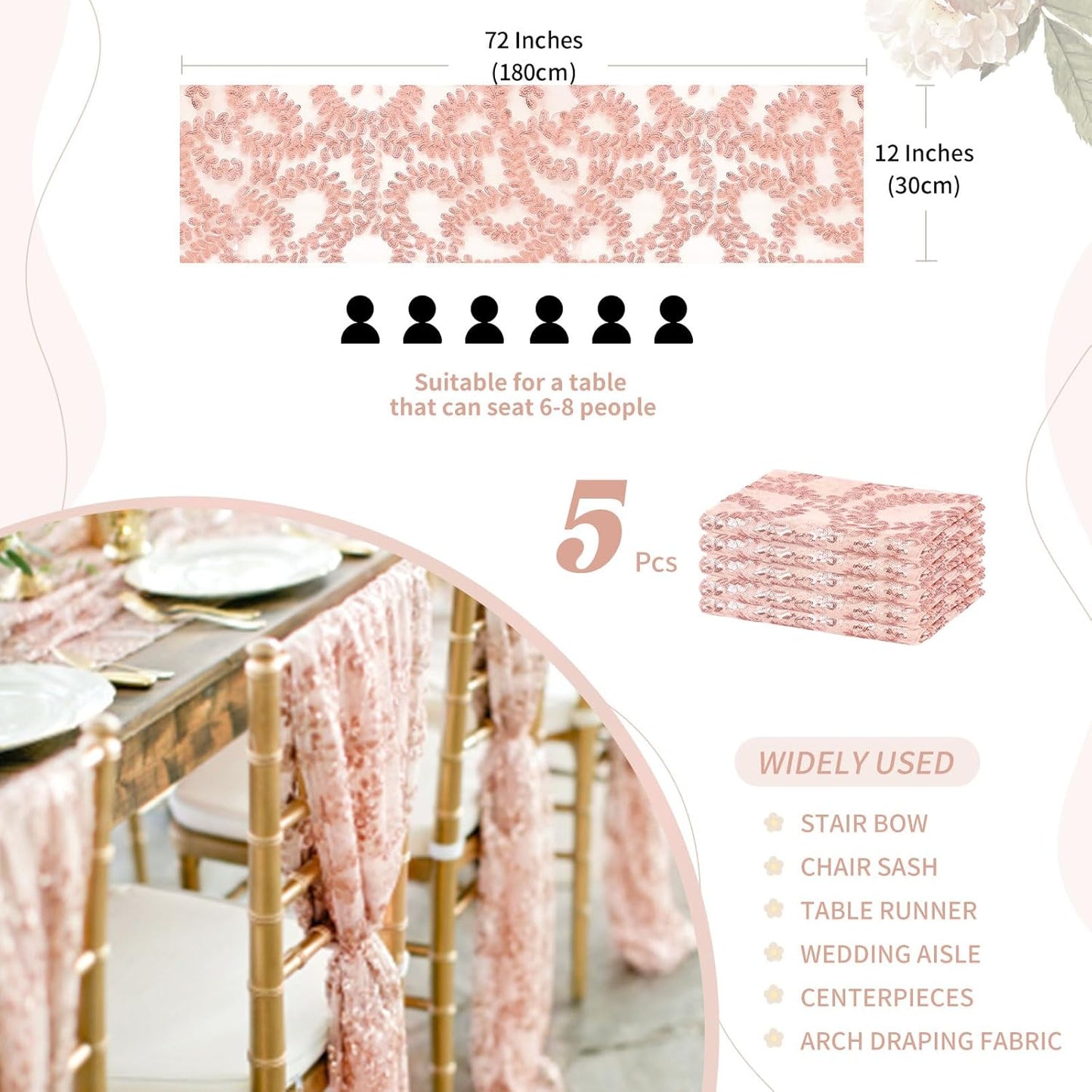 Sequin Table Runners 5 Pieces Rose Gold Flower Table Runners 12x72 Inch Glitter Dining Table Cover for Party Wedding Birthday Reception Banquet Decoration Spring Party Chair Sashes