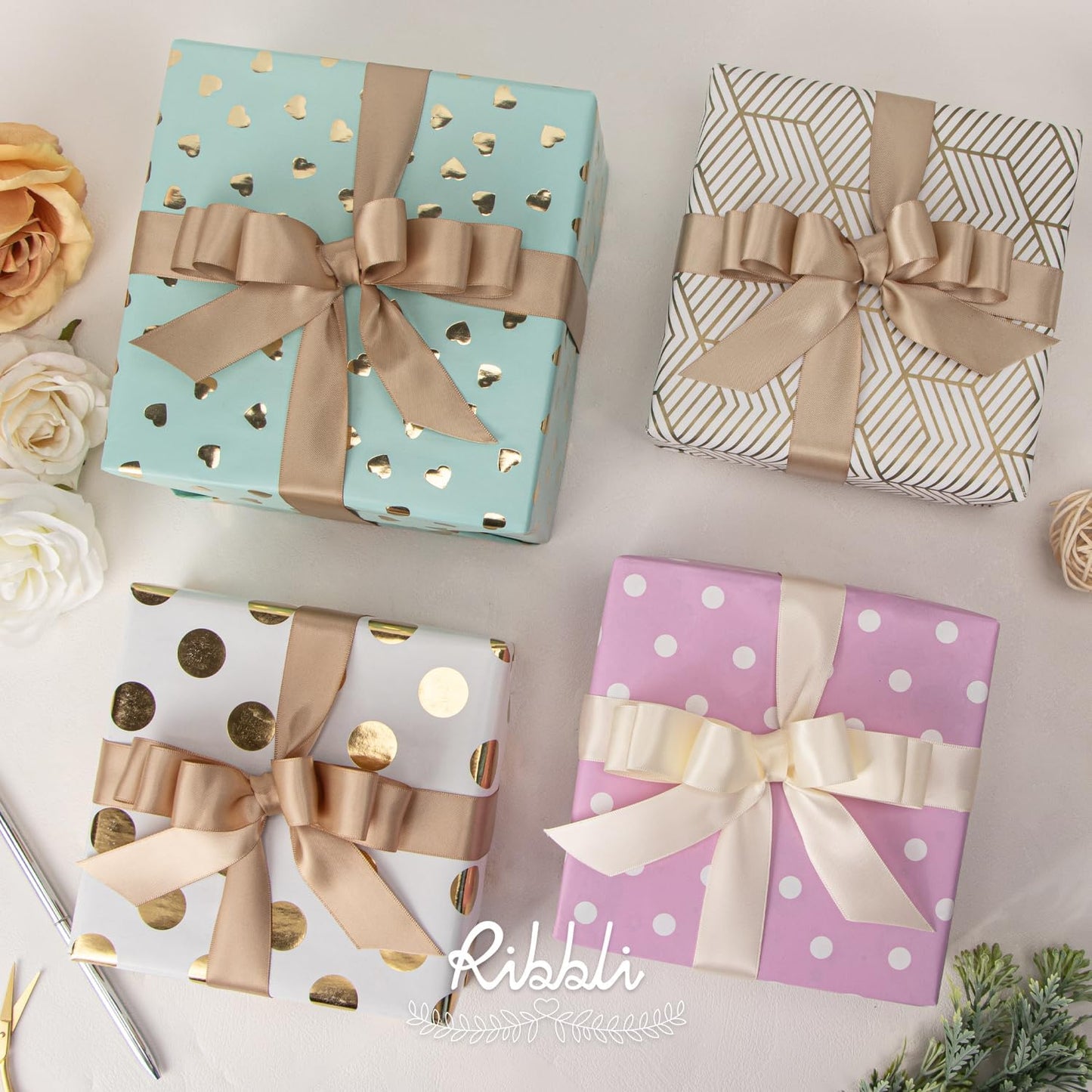 Ribbli Champagne Satin Ribbon 1 Inch x 4 Rolls Total 40 Yards-Ivory Champagne Ribbon for Gift Wrapping Craft Wedding Decoration