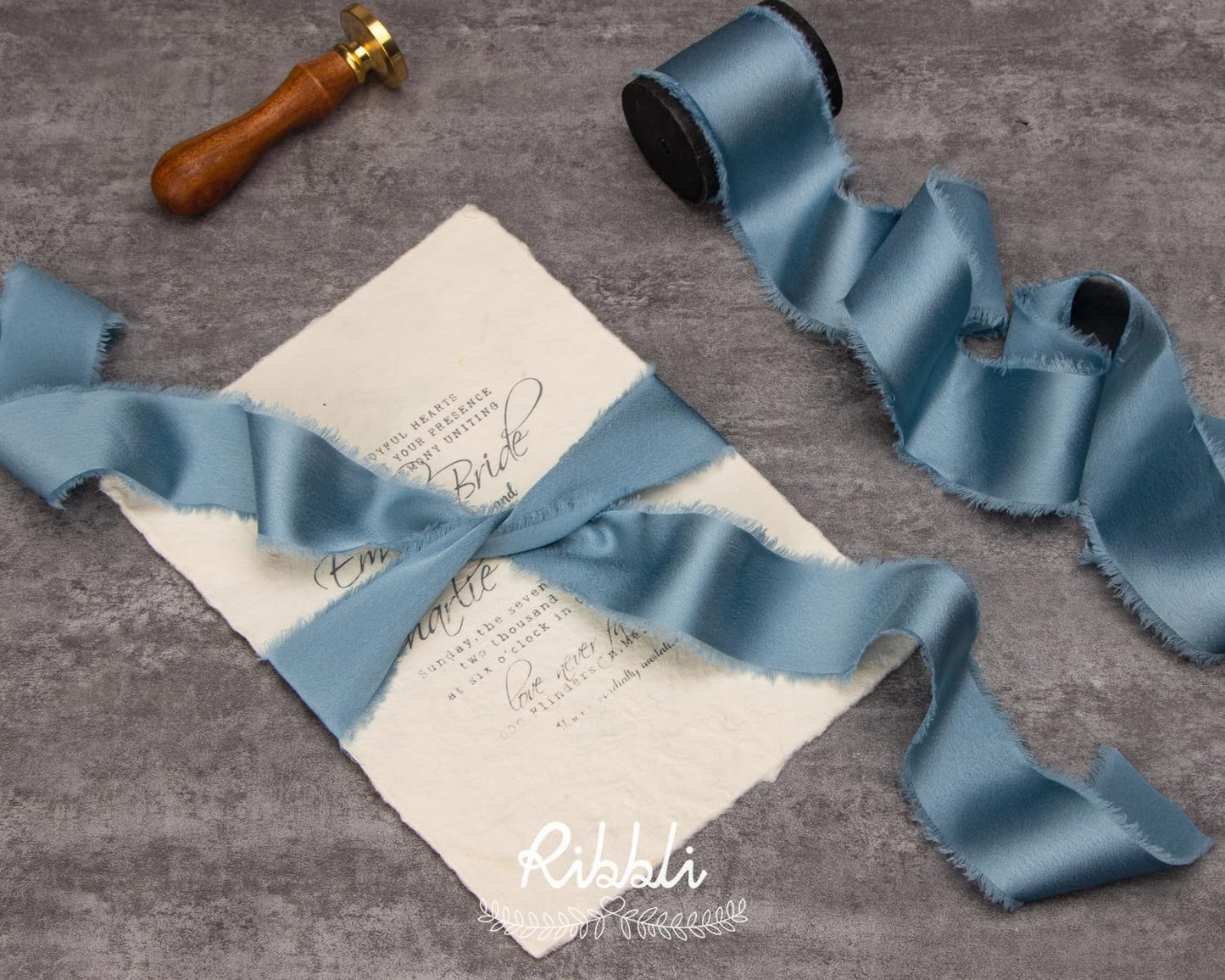 Ribbli Dusty Blue Silk Satin Ribbon 1.5 Inch x 12 Yard Handmade Frayed Chiffon Ribbon with Wooden Spool for Gift Wrapping, Wedding Invitations, Bridal Bouquets, Home Decor