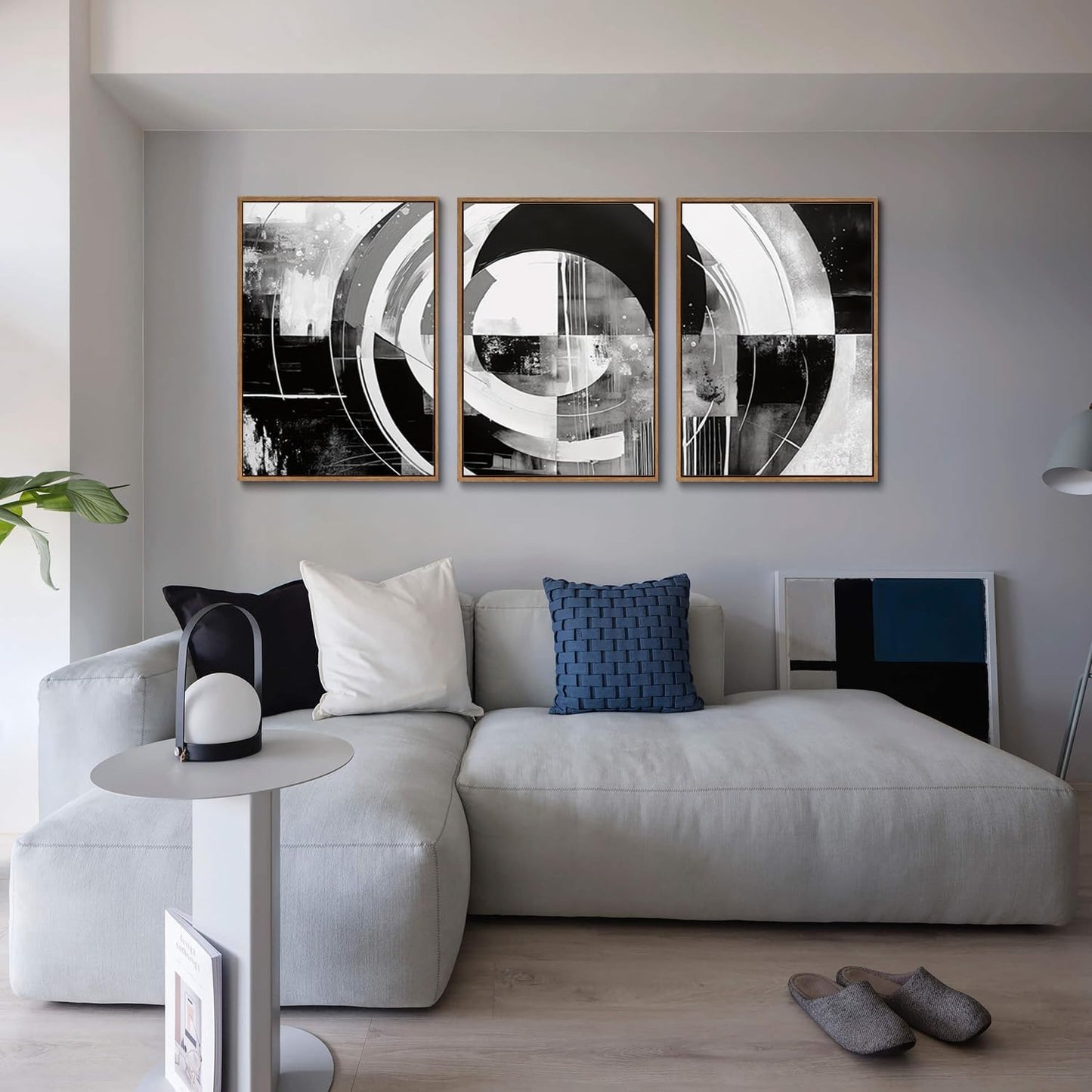 myusuar 3 Piece Large Modern Abstract Canvas Framed Wall Art For Living Room, Black And White Rings Minimalist Wall Art Decor Posters Prints For Bedroom Office, 16x24in