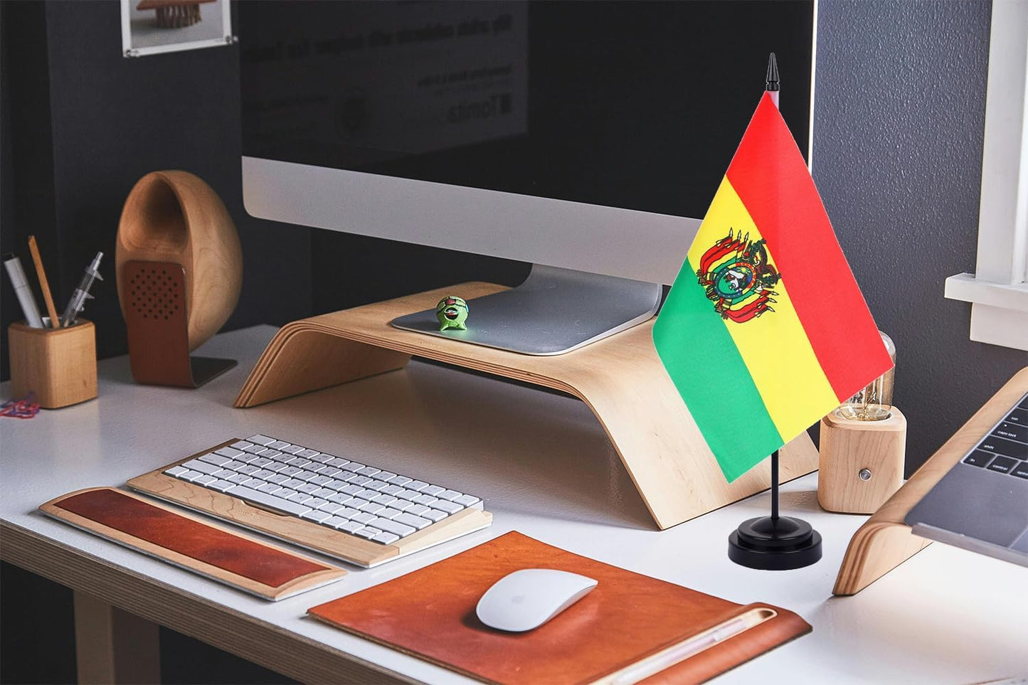 WXTWK 2 Pack Bolivia Flag Bolivia Deluxe Desk Flag Set - Mini Small Bolivian Table Office Flags with Black 12" Solid Pole Stand Base Classroom Meeting Desktop Decorations