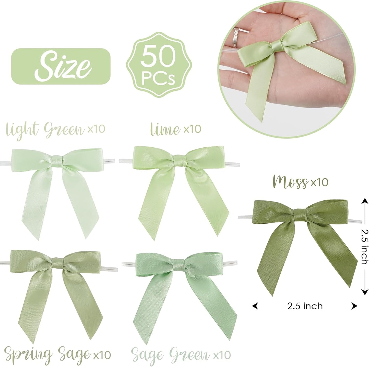 AIMUDI 5 Colors Sage Green Ribbon Bows 2.5" Satin Twist Tie Bows for Gift Wrapping Premade Satin Bow for Making Crafts Treat Bag Baby Shower Birthday Party Wedding Decoration, 50 PCs