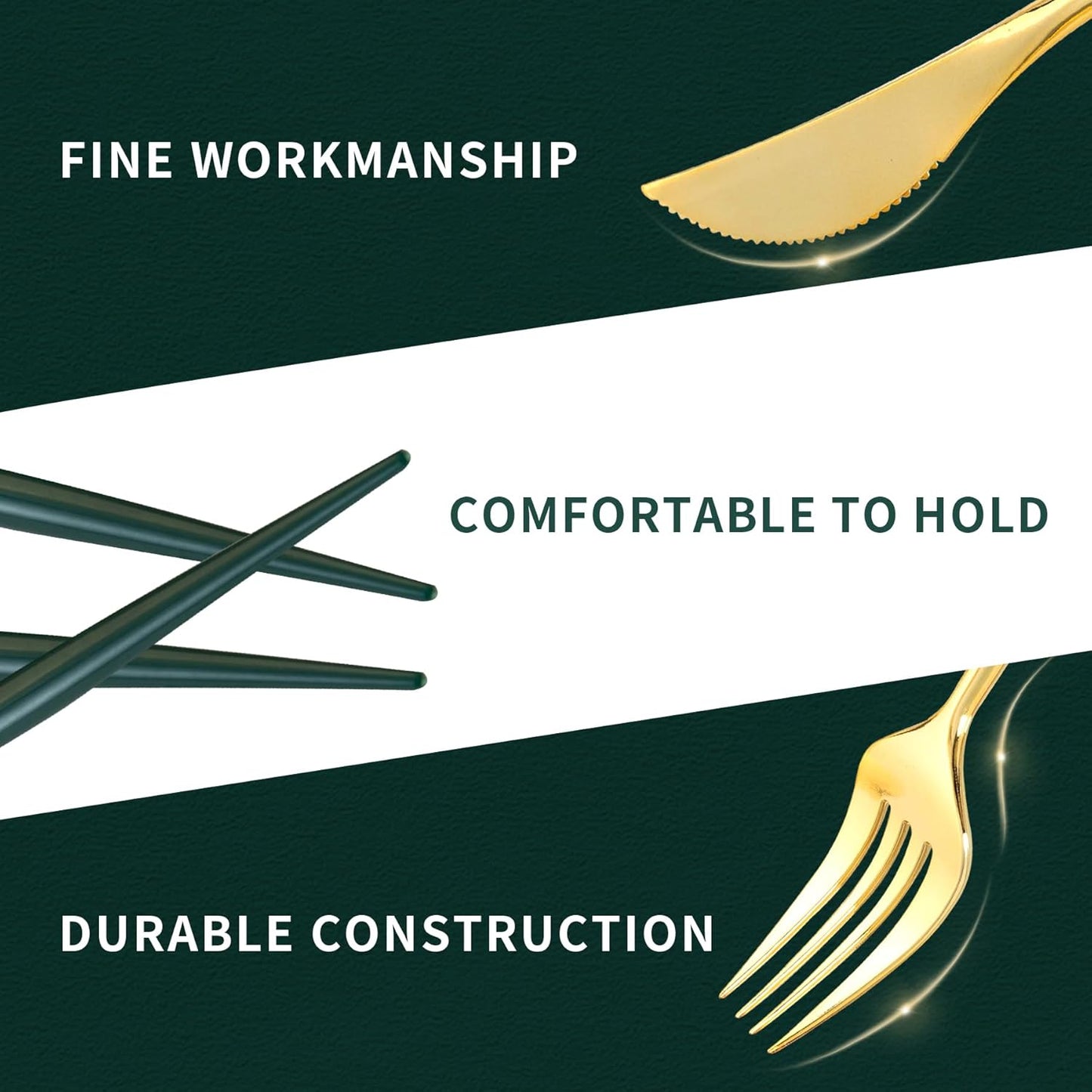 Lullaby 150PCS Gold Plastic Silverware - Disposable Flatware with Green Handles, Includes 50 Knives, 50 Forks, 50 Spoons, Perfect for Birthdays, Weddings, Picnics