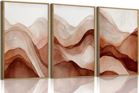 myusuar 3 Piece Large Abstract Framed Wall Art For Living Room, Smoke Texture Ink Warm Brown Terracotta Canvas Wall Art Modern Minimalist Art Prints Wall Décor For Bedroom Office 24x36in