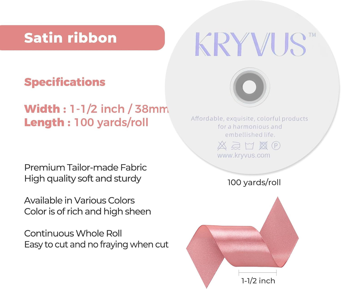 Rose Gold Satin Ribbon 1-1/2 inch X Continuous 100 Yards, Single Face Polyester Ribbon Perfect for Gift Wrapping, Flower Bouquet, Wedding Decor, Crafts, Bow Making, Sewing and More