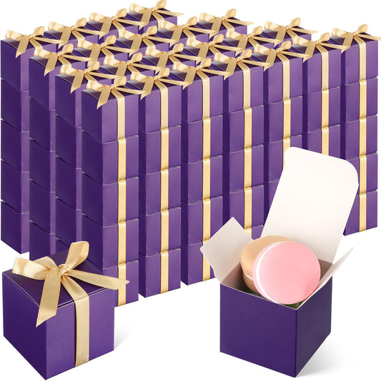Jutom 100 Pcs Mini Favor Boxes Extra Small Candy Boxes Paper with Gold Ribbon for Christmas Thanksgiving Day Birthday Wedding Anniversary Supplies(2 x 2 x 2 Inch,Purple)