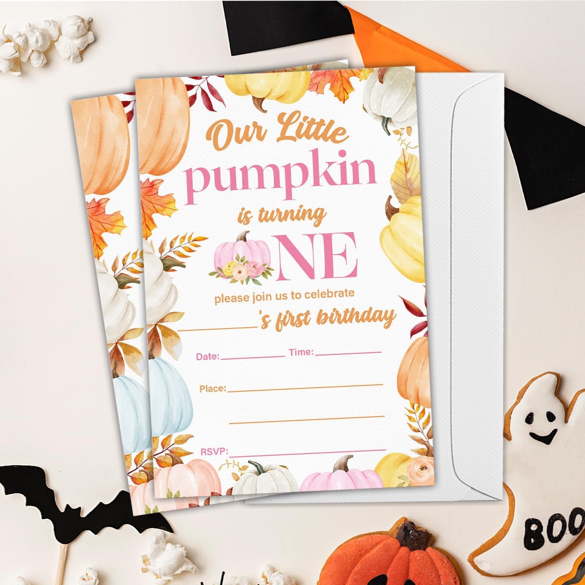 Pumpkins First Birthday Party Invitations for Baby Girl Little Pumpkin 1st Birthday Party Fill in Invites Cards With Envelopes (20 Count), Double Sided Design