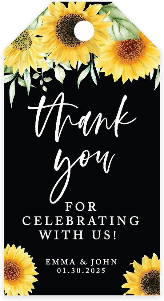 Andaz Press 100-Pack Personalized Thank You For Celebrating With Us Wedding Favor Tags with Bakers Twine Sunflowers Black Background Custom Cardstock Wedding Gift Tags for Party Favors 2 x 3.75-Inches