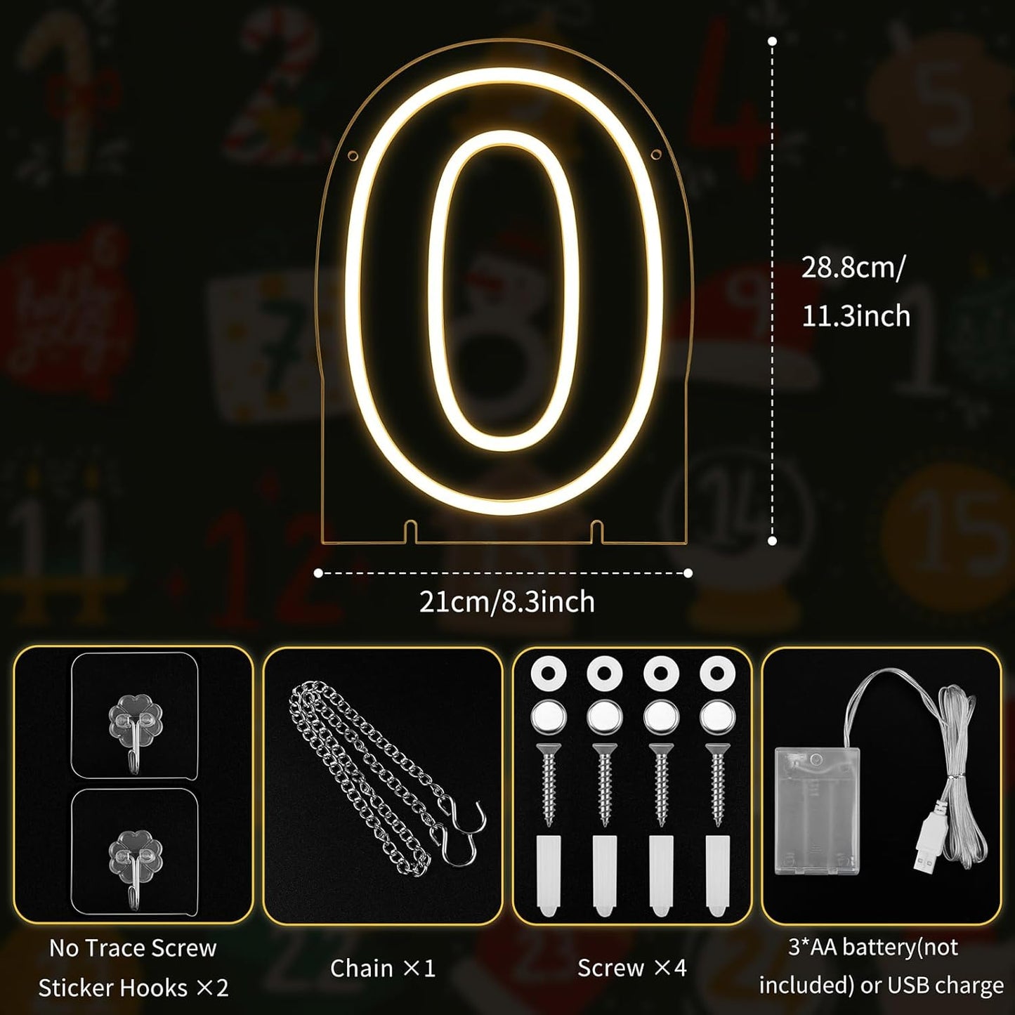 Number 0 LED Neon Sign Backdrop Birthday Party Decoration, 11.3" Height Warm White Marquee Number Zero Light Up Sign for Wedding Anniversary Window Wall Table, Indoor Battery Operated or USB